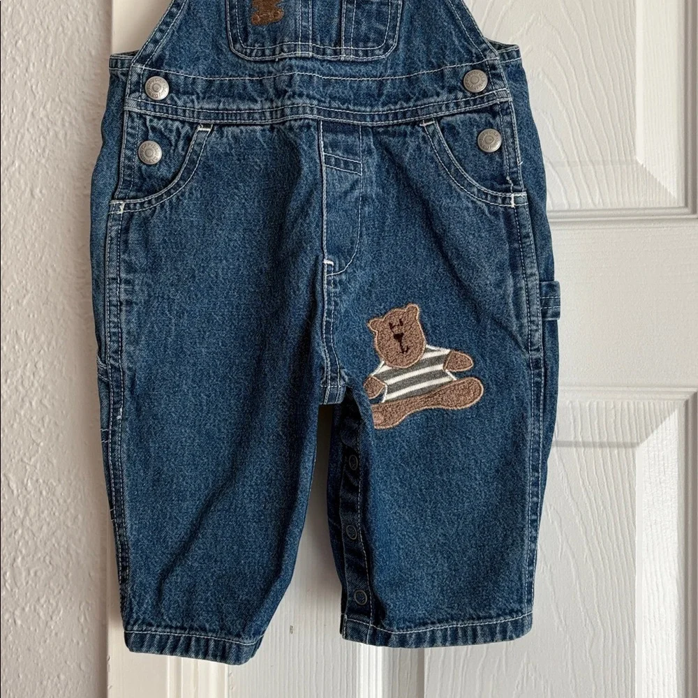 VINTAGE 1999 Baby GAP Blue Denim Overalls with Embroidered Bear Patches